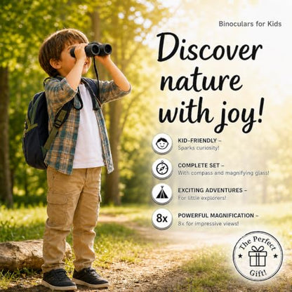 Binoculars for Kids – Perfect Toy for Little Boys and Girls – Extensive Set Incl. Magnifying Glass & Compass – Powerful Magnification 8X21 – 3 to 12 Year Old Kids for Toddler - color: Black