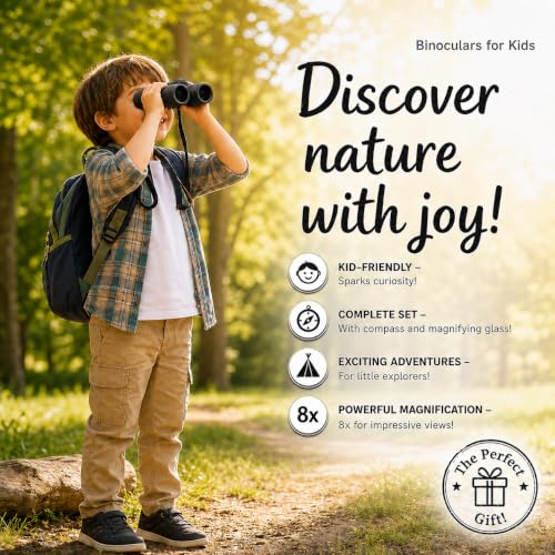 Binoculars for Kids – Perfect Toy for Little Boys and Girls – Extensive Set Incl. Magnifying Glass & Compass – Powerful Magnification 8X21 – 3 to 12 Year Old Kids for Toddler - color: Black