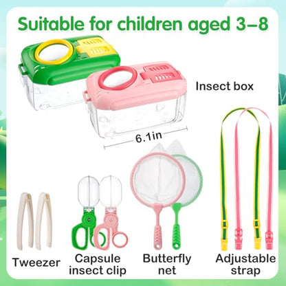 2 Sets Bug Catcher for Kids, Bug Catching Kit Gifts with Butterfly Net Toys - color: Green + Pink