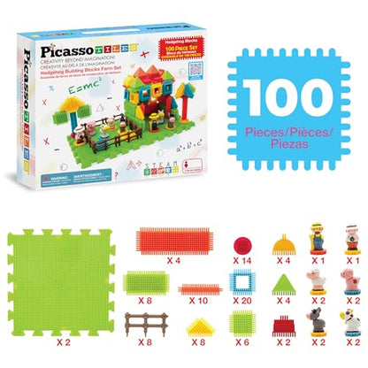PicassoTiles PTB100 100pcs Hedgehog Shape 3D Building Blocks Tiles Farm Theme Set Learning Playset STEM Toy Set Educational Kit Child Branin Development Preschool Kindergarten Toy - color: Multicolored