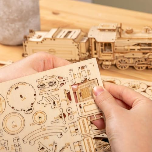 ROKR 3D Wooden Puzzle for Adults Mechanical Car Model-DIY Building Vehicle Kits-Brain Teaser Toys-Gift for Men Women on Birthday/Christmas Day (Steam Train Model with Carriage)