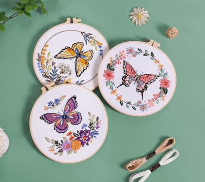 Mozzyyee 3 Sets Embroidery Starter Kit for Beginners Adults Include 3 Embroidery Clothes with Instructions Hoops Floss Thread Fabric Needles (Butterfly) - color: Butterfly