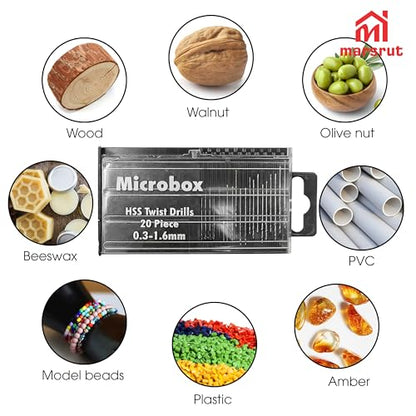 Micro Drill Bit Set, Mini Drill Bits, 20Pcs 0.3-1.6mm Wire Twist, Pin Vise Hand Precision Aluminum Rotary Tool, Miniature Vice for Wood Plastic PVC Drilling Carburetor Jets Jewelry Crafts Hobby Model