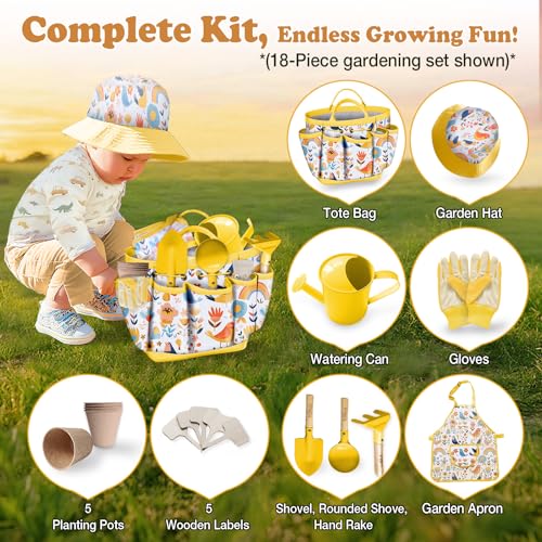 Kids Gardening Tool Set 18PCS Outdoor Toys Tote Bag Watering Can Yellow - color: Yellow