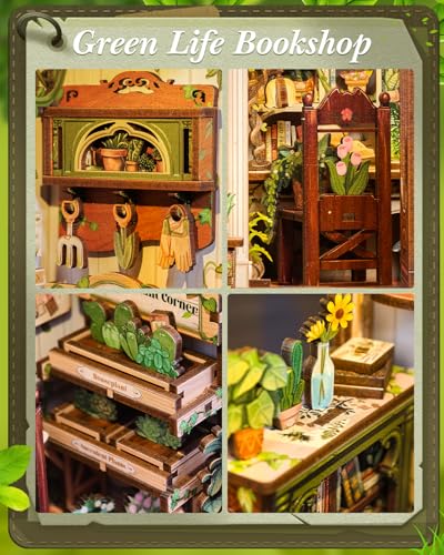 Cutefun Book Nook Kit - DIY Miniature Dollhouse Kit for Adults and Teens - color: Green Life Bookshop