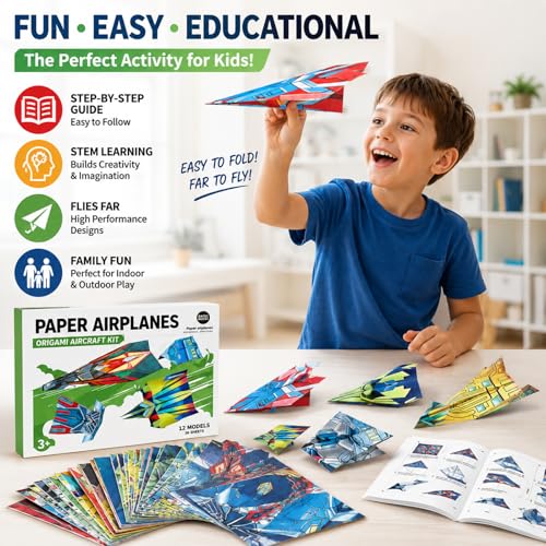 Vexorith Paper Airplane Kit for Kids Ages 8-12, 5-8 – 36 Designer Origami Papers with 12 Flying Plane Styles, STEM Craft & Educational Toy Gift for Boys Girls