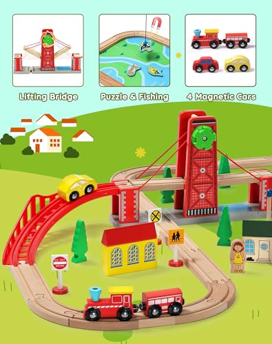 SainSmart Jr. Wooden Train Set for Toddler, Double-Side Wood Train Track with 4 Trains Fits Brio, Thomas, Melissa and Doug, Toy Railway Kit for Kids Ages 3+ - style: Classic or Traditional
