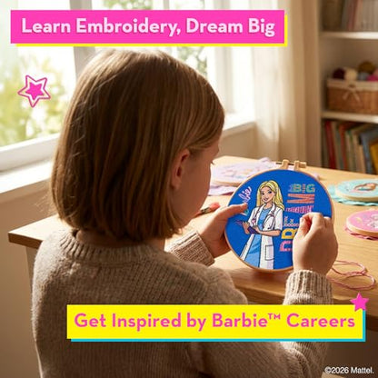 Barbie® Embroidery Kit for Kids Ages 8-12 - 8 Beginner Designs, 2 Hoops - color: Barbie Embroidery Kit