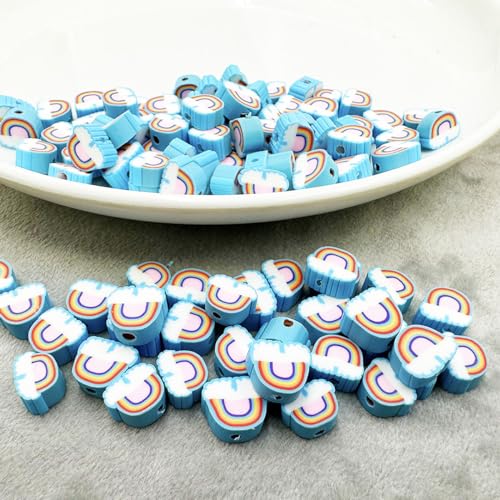 Rainbow Cloud Handmade Polymer Clay Beads, 100pcs Polymer Clay Spacer Beads for Women Jewelry Making DIY Charms Bracelet Necklace Hair Clip Accessories Handmade Craft - color: cloud rainbow