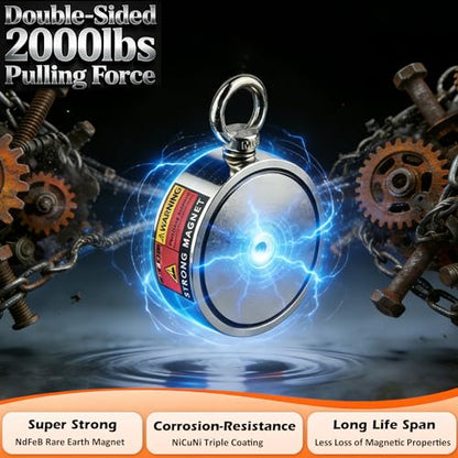 MUTUACTOR Fishing Magnet Kit Heavy Duty,Super Strong 2000lbs Double Sided Neodymium Magnet,Φ3.81”Permanent Rare Earth Magnets Fishing with 65FT Rope Gloves for Hunting Retrieval Underwater Searching - style: 2000lb Magnet(Double Sided) with Box--Φ 3.81"
