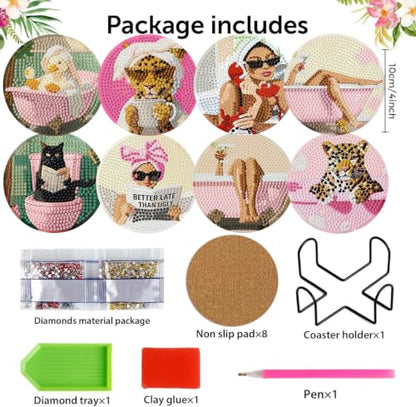 8 Pack Diamond Art Coasters, Pink Bow Woman Diamond Painting Coasters - color: Bathroom Coasters