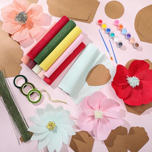 Marspark 142 Pcs Crepe Paper Flower DIY Set Template Wire, Pink and Brown - color: Pink and Brown