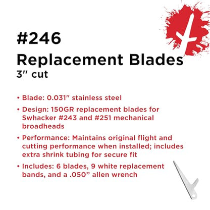 Swhacker #246 Replacement Blades, 150 Grain, 3" Cut, Stainless Steel Broadhead Replacement Blades, 6 Pack