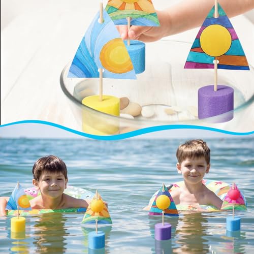 Soulchen 36 Pcs DIY Boat Craft Kit Coloring Paper Craft Kit DIY Paper Sailboat Crafts Set with Foam Noodles Dowels for Summer Activities Camp Birthday Carnival Party Gifts