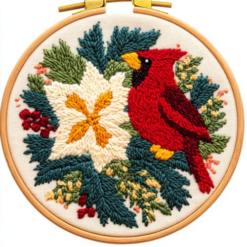 DIY Punch Needle Kits Christmas Flowers Cardinal Bird with Hoop 20x20cm-3 - color: 03-Cardinal