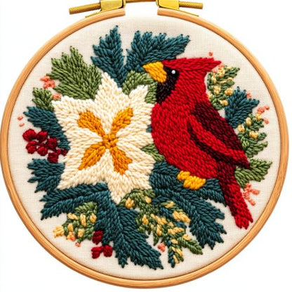DIY Punch Needle Kits Christmas Flowers Cardinal Bird with Hoop 20x20cm-3 - color: 03-Cardinal