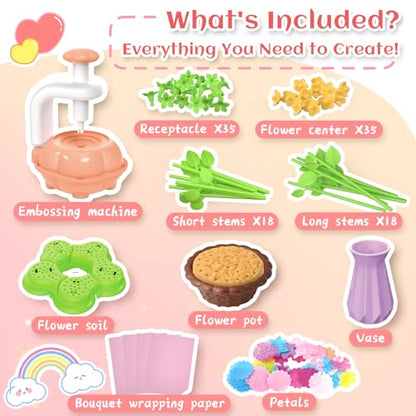 Kufanda 222 Pcs DIY Flower Bouquet Making Kit for Kids Ages 4-8 — Fabric Flower Craft Set with Embossing Machine, Screen-Free STEM Educational Gift Toy for Girls, Granddaughter Birthday Christmas - color: Pink