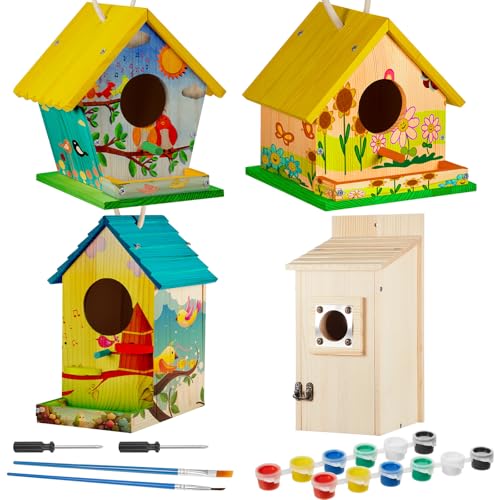 Liliful 4 Pack Bird House Kit for Kid, Wood DIY Birdhouse, Playful Style - color: Playful Style