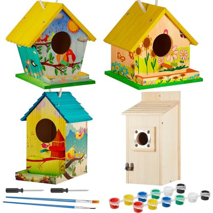 Liliful 4 Pack Bird House Kit for Kid, Wood DIY Birdhouse, Playful Style - color: Playful Style
