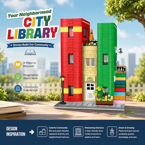 City Library House Building Set Collectible Model for Adults, Compatible with Lego Street View Architecture Desktop Ornament Home Office Decor for Adults