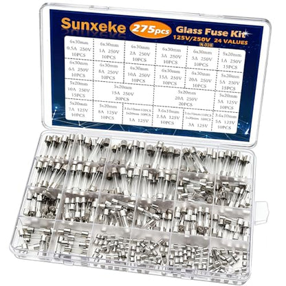 24 Values 275Pcs Fast Blow Glass Fuses Assortment Kit 250V 6x30mm 5x20mm 0.5A 1A 2A 3A 5A 6A 8A 10A 15A 20A 125V 5x20mm 3.6X10mm 1A 2.5A 3A 5A 7A 8A - size: 275PCS kit