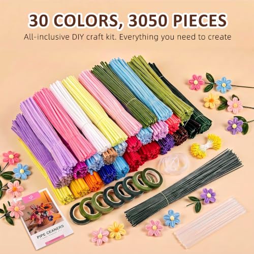3050 Pcs Pipe Cleaner Flower Kit, Complete DIY Flower Bouquet Making Kit, - color: Colour3000
