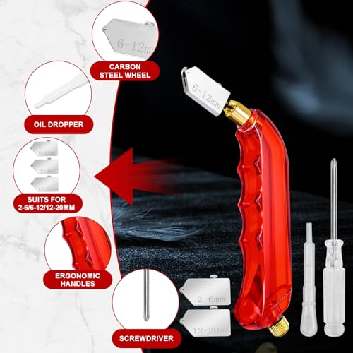 YOTINO Glass Cutters Tools 20PCS Glass Nippers Glass Running Pliers Breaking Pliers Oil Feed Glass Cutter Set for Stained Glass, Tiles, Mosaic Cutting with Cut Resistant Gloves Leather Zipper Bag - color: red
