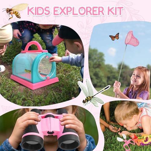 Bug Catcher for Kids Explorer Kit Kids Bug Catching Kit, Bug Catcher Kit for Kid with Binoculars, Magnifying Glass, Butterfly Kit for Girls Aged 3+(Pink)