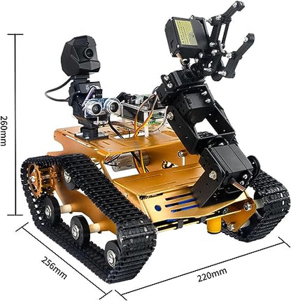 Smart WiFi Robot Kit with Raspberry Pi 5, 4DOF Robotic Arm Track Tank Chassis Robot Car with 2DOF HD Camera Ultrasonic Infrared Sensor, Programmable AI Robot Kit for Adults & Teens (Gold) - color: Gold