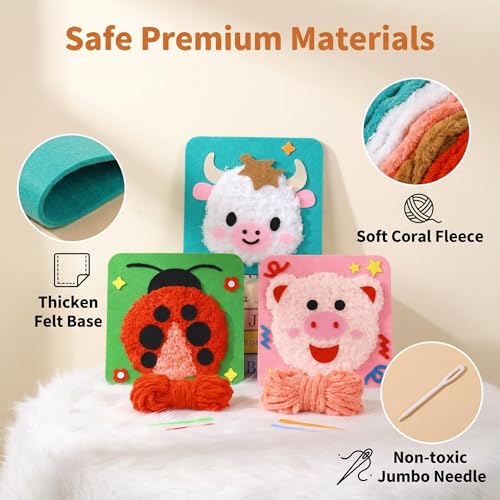 PupuMiao Sewing Kit for Kids DIY Embroidery Sewing Kit Cute Animal Sewing Projects Easy Crafts with English Instructions, Perfect for Beginners, Girls Boys Ages 4-12 - color: Highland Cattle+Ladybug+Bear+Piggy