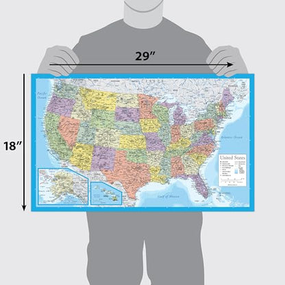 2 Pack - Laminated World Map & US Map Poster Set - Wall Chart Map of the World & United States - Made in the USA [Light Blue] - color: Light Blue