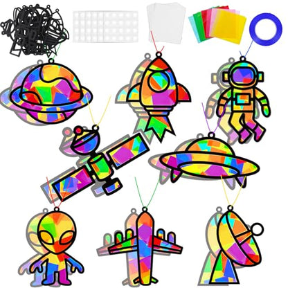 32 Sets Outer Space Suncatchers Craft Kit DIY Window Stained Glass Effect Planet Astronaut Alien Paper Crafts Home School Classroom Decoration Kid Birthday Gift Creative Art Project Activity Game - style: Outer Space