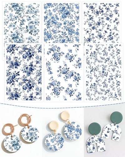 Puocaon Blue Flower Clay Transfer Paper - 18 Pcs Traditional Chinoiserie Art Design Transfer Sheets for Polymer Clay Blue Floral Earrings Design Jewelry Making - color: chinoiserie