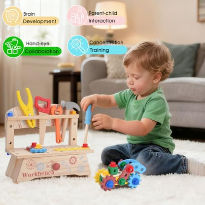 REXBETI Kids Tool Set, Wooden Toddler Tool Bench, Pretend Construction Kit