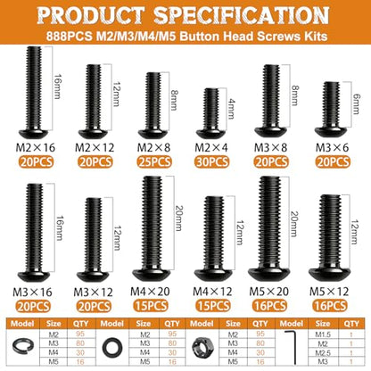mankk 888PCS Hex Socket Button Head Bolt Assortment Kit M2/M3/M4/M5 Machine Screw with Nuts Washers 10.9 Alloy Steel Button Head Socket Cap Screws - size: M2/M3/M4/M5, style: Button Head