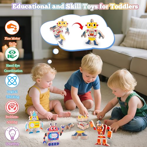 ATOYUS Wooden Montessori Robot Building Blocks Toys for Kids 3-5, 35-Piece