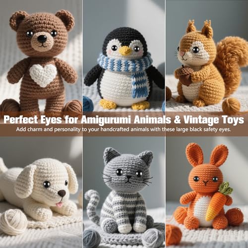 172pcs Large Black Safety Eyes for Amigurumi Crochet – 18-30mm Plastic Doll Eyes with Washers, Assorted Sizes for DIY Stuffed Animals, Teddy Bears, Plush Dolls, and Craft Making Supplies