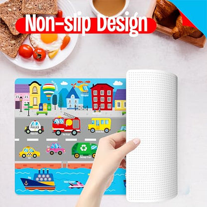 6 Pack Placemats for Kids, Non-Slip Washable Dining Mats, Reusable Jungle, Underwater World, Farm, Dinosaur, Vehicle & Magic World Table Mats for Home, Kindergarten, Classroom, Nursery - style: Animal World