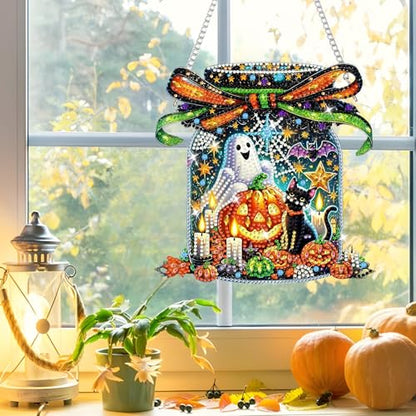 NAIMOER Halloween Diamond Art Hanging Kits for Adults, Ghost 5D Special Shaped Rhinestone, DIY Acrylic Diamond Art Painting Window Pendants Home Garden Wall Hanging Ornament Kits, Double Sided - color: Halloween Ghost Bottle