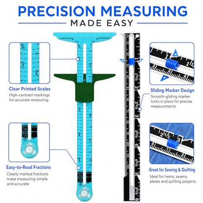 5 Piece Sewing Gauge Set, 5-in-1 Sliding Ruler & Seam Gauge, Blue - color: Blue