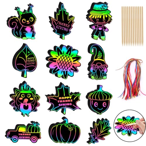 JULMELON 36Pcs Fall Thanksgiving Scratch Art for Kids, Magic Rainbow Paper - style: Thanksgiving Crafts