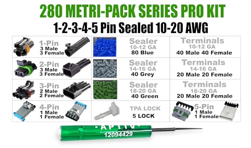 360pcs Metri-Pack 280 Series (1 to 5 Pin Set Box) 30 Amp Conductor Connector, Terminal, Sealed Weatherproof Automotive Electrical Connectors Kit 10-20 GA (w/Removal Tool) - size: 1-5 Pin Kit (360pcs w/tool)