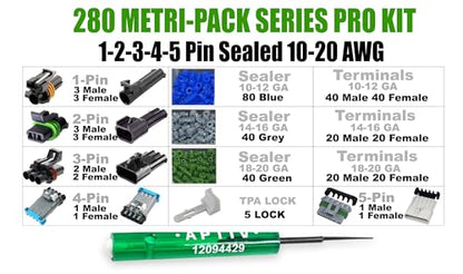 360pcs Metri-Pack 280 Series (1 to 5 Pin Set Box) 30 Amp Conductor Connector, Terminal, Sealed Weatherproof Automotive Electrical Connectors Kit 10-20 GA (w/Removal Tool) - size: 1-5 Pin Kit (360pcs w/tool)