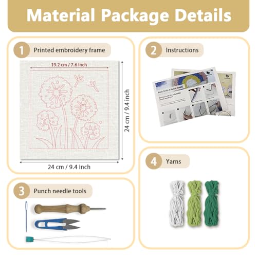 DOODLREAM Dandelion Flower DIY Punch Needle Embroidery Kit for Adult Beginner, 9.4" Green Grass Punch Stitching Craft Set for Starter with Frame, Fabric Pattern, Threader, Yarn, Pinch Needle - color: Dandelion
