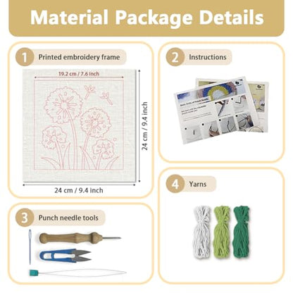 DOODLREAM Dandelion Flower DIY Punch Needle Embroidery Kit for Adult Beginner, 9.4" Green Grass Punch Stitching Craft Set for Starter with Frame, Fabric Pattern, Threader, Yarn, Pinch Needle - color: Dandelion