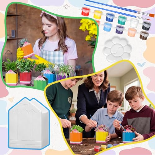 Beeveer 6 Sets Paint Your Own Succulent Planter Ceramic Mini Unpainted Flower Pots Back to School DIY Paintable Succulent Plant Pots for Kids Student Classroom Craft Project Activity - style: Pencil