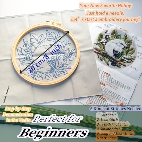FONNUY Wild Birds Embroidery Kit, Pre-Stamped Green Tree Bird Patterns Kits for Adults and Beginners, Handmade DIY Crafts Set, Color Thread Needlework, 8'' Hoop (Snow Feather on Pine) - color: Snow Feather on Pine