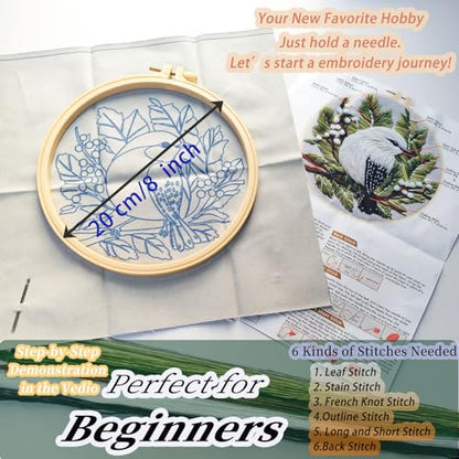 FONNUY Wild Birds Embroidery Kit, Pre-Stamped Green Tree Bird Patterns Kits for Adults and Beginners, Handmade DIY Crafts Set, Color Thread Needlework, 8'' Hoop (Snow Feather on Pine) - color: Snow Feather on Pine