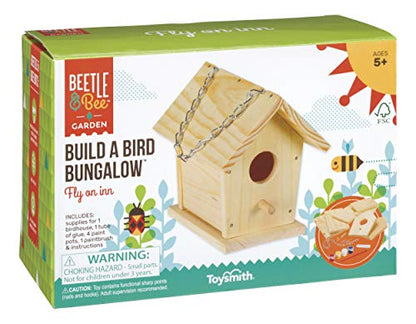 Beetle & Bee Build A Bird Bungalow - DIY Kid Art Craft Outdoor Birdhouse Kit, House Painting Kit for Kids, Hardware Glue Included- 4 Paints, 1 Brush, 7 Wooden Pcs, Chain For Tree Hanging Age 5+ - style: Build a Bird Bungalow