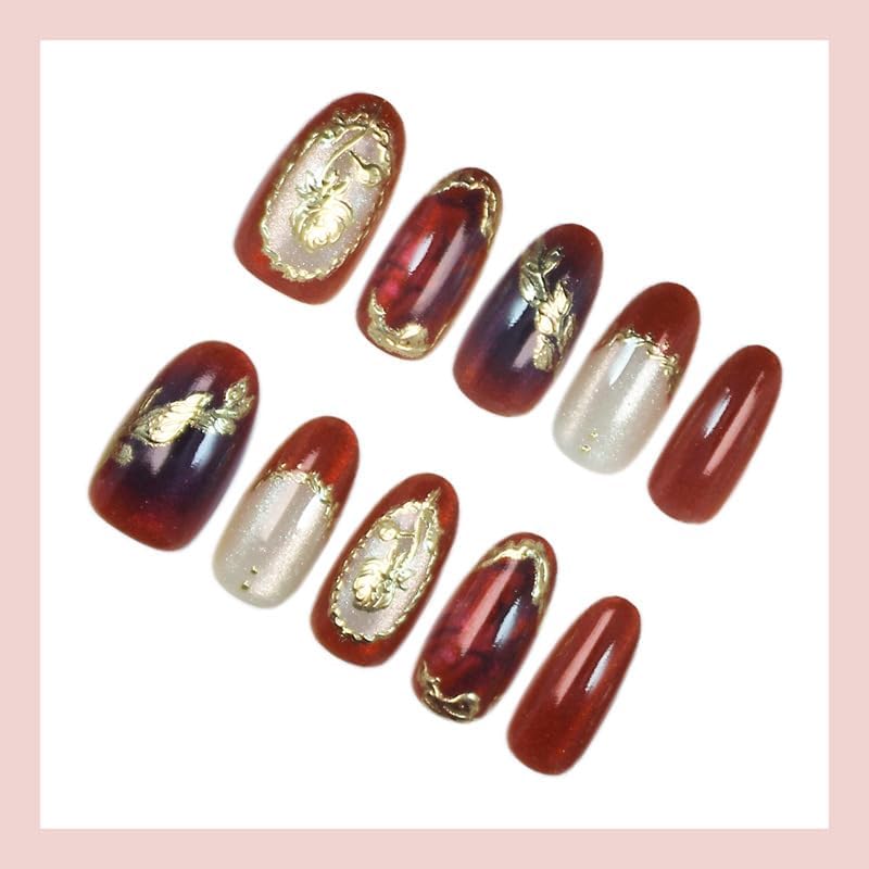 Almond Press on Nails Short Red Fake Nail Golden Embossed Acrylic Nail Press ons Roses Stick on Nail for Women 24pcs - color: Color33